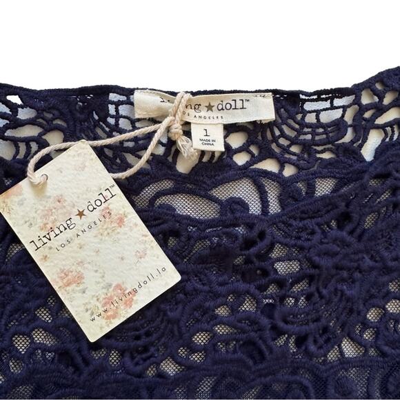 Living Doll Blue Pink Floral Lace Long Sleeve Boho Blouse Top Size Large NEW - Picture 2 of 13